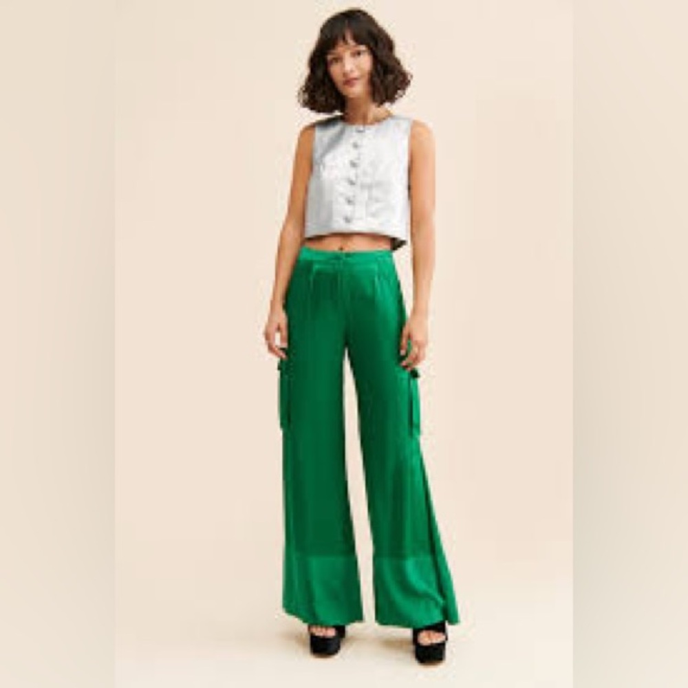 Anthropologie Corey Lynn Calter Wide Leg Satin Cargo Pants in emerald green Sz M